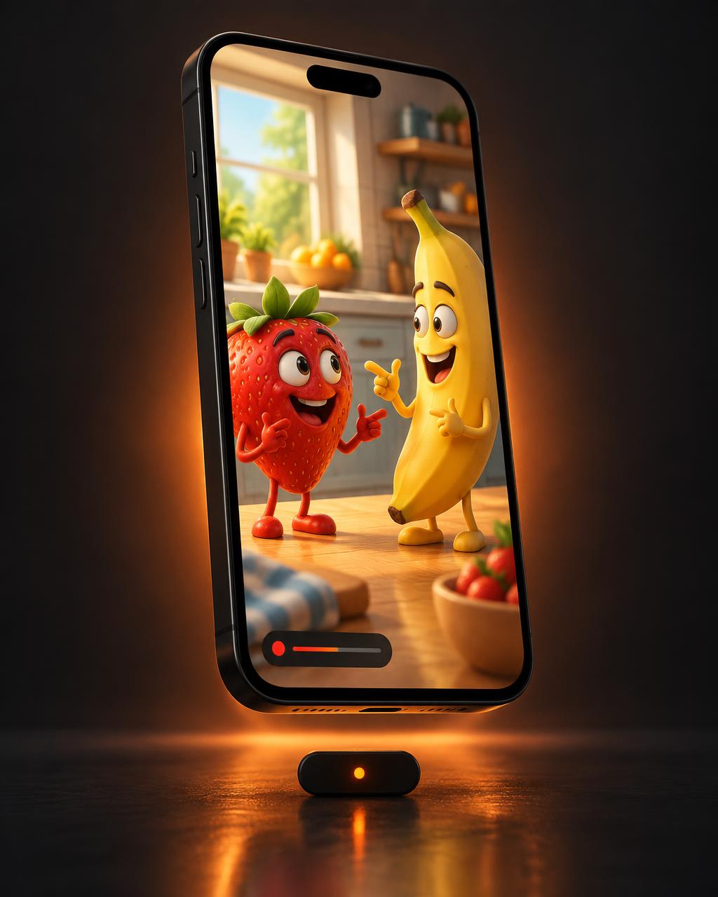 Smartphone flottant montrant une fraise et une banane animées discutant dans une cuisine colorée